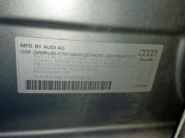 WAUDF68E15A445879 - 2005 AUDI A4 2.0T QU GRAY photo 10