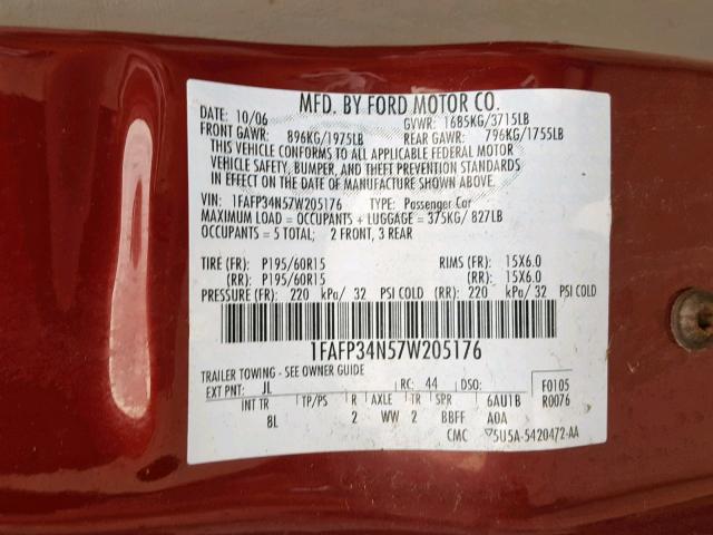 1FAFP34N57W205176 - 2007 FORD FOCUS ZX4 MAROON photo 10