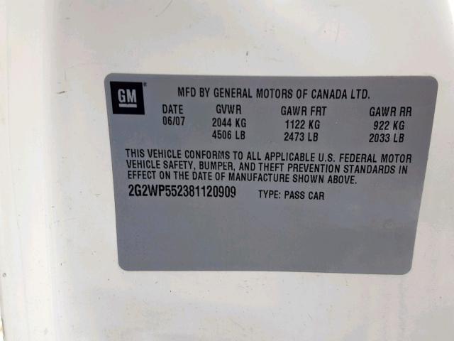 2G2WP552381120909 - 2008 PONTIAC GRAND PRIX WHITE photo 10