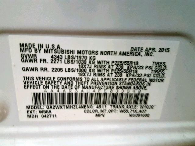 4A4AR3AU4FE033648 - 2015 MITSUBISHI OUTLANDER WHITE photo 10