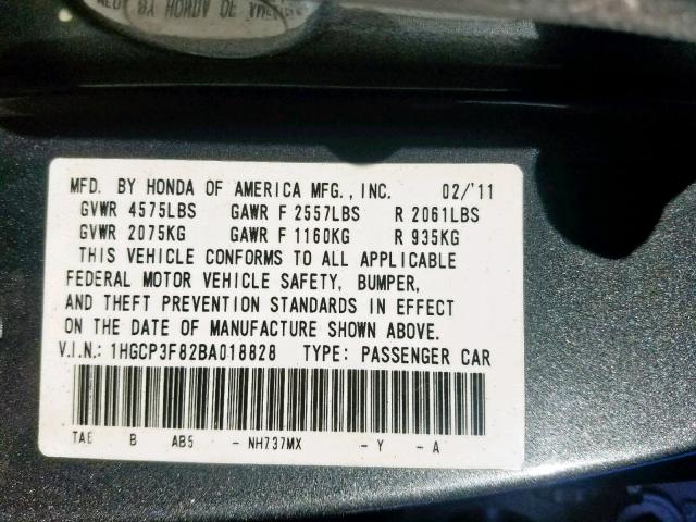 1HGCP3F82BA018828 - 2011 HONDA ACCORD EXL CHARCOAL photo 10