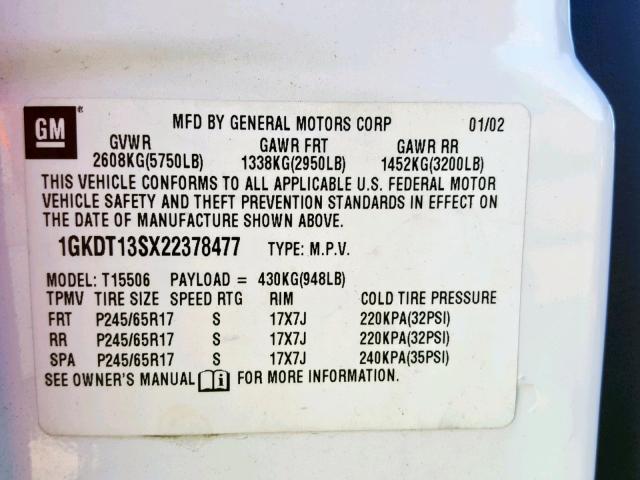 1GKDT13SX22378477 - 2002 GMC ENVOY WHITE photo 10