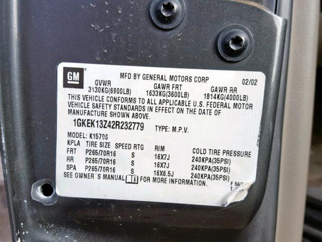 1GKEK13Z42R232779 - 2002 GMC YUKON CHARCOAL photo 10