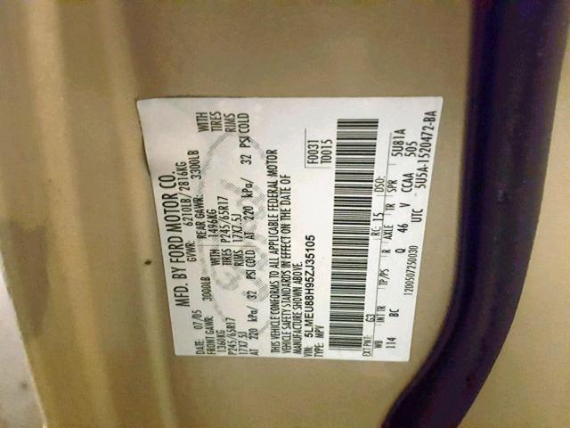 5LMEU88H95ZJ35105 - 2005 LINCOLN AVIATOR 金色 照片 10