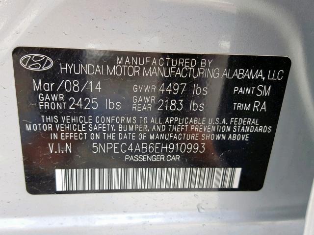 5NPEC4AB6EH910993 - 2014 HYUNDAI SONATA SE SILVER photo 10