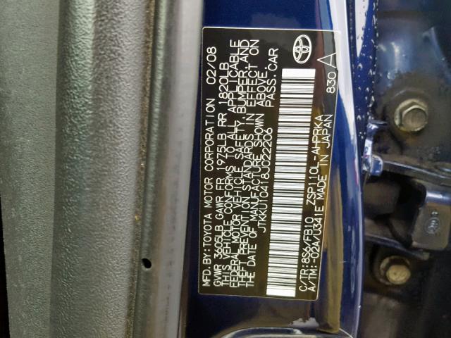 JTKKU10418J022206 - 2008 TOYOTA SCION XD BLUE photo 10