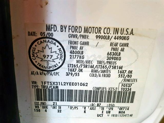 1FTSX31L2YEE01062 - 2000 FORD F350 SRW S WHITE photo 10