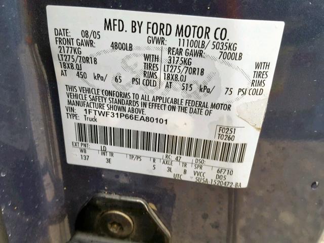 1FTWF31P66EA80101 - 2006 FORD F350 SRW S BLUE photo 10