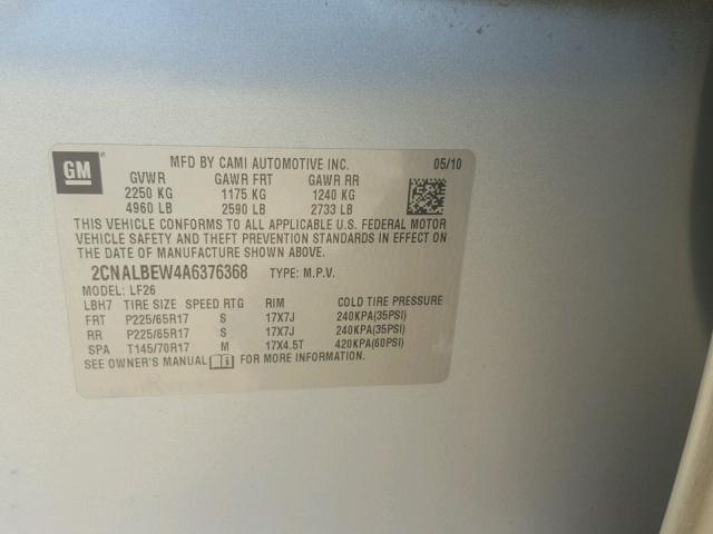 2CNALBEW4A6376368 - 2010 CHEVROLET EQUINOX LS SILVER photo 10