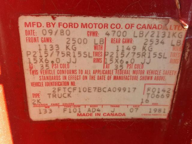 2FTCF10E7BCA09917 - 1981 FORD F100 RED photo 10