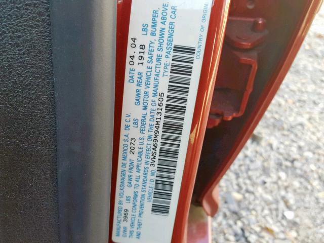 3VWSA69M94M131605 - 2004 VOLKSWAGEN JETTA GLS RED photo 10