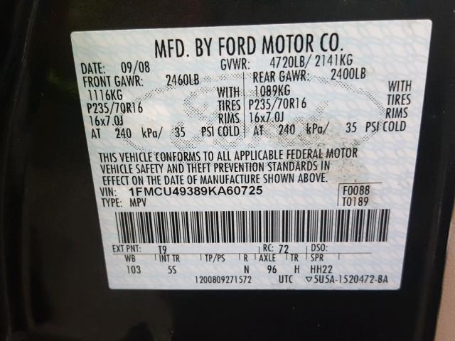 1FMCU49389KA60725 - 2009 FORD ESCAPE HYB GRAY photo 10