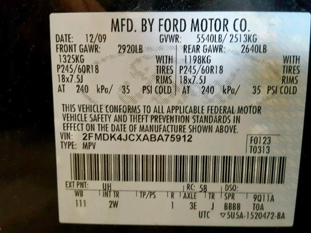 2FMDK4JCXABA75912 - 2010 FORD EDGE SEL BLACK photo 10