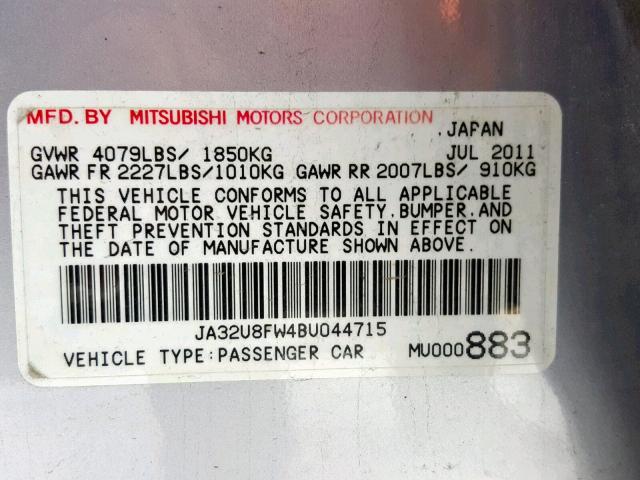 JA32U8FW4BU044715 - 2011 MITSUBISHI LANCER GTS SILVER photo 10