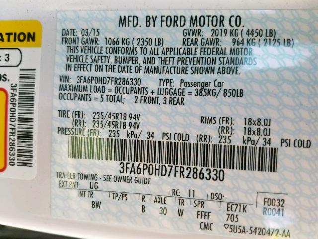 3FA6P0HD7FR286330 - 2015 FORD FUSION SE WHITE photo 10