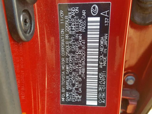 JTHBB1BA3A2018141 - 2010 LEXUS HS 250H RED photo 10