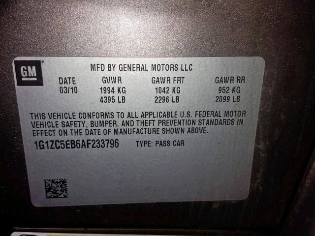 1G1ZC5EB6AF233796 - 2010 CHEVROLET MALIBU 1LT 棕色 照片 10