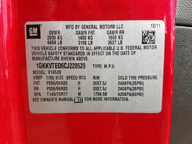 1GKKVTED6CJ228529 - 2012 GMC ACADIA DEN RED photo 10