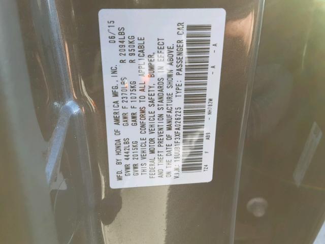 19UUB1F3XFA026225 - 2015 ACURA TLX GRAY photo 10