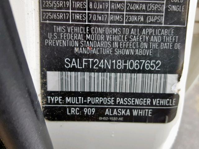 SALFT24N18H067652 - 2008 LAND ROVER LR2 HSE TE WHITE photo 10