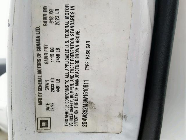 2G4WS52M3W1610811 - 1998 BUICK CENTURY CU WHITE photo 10