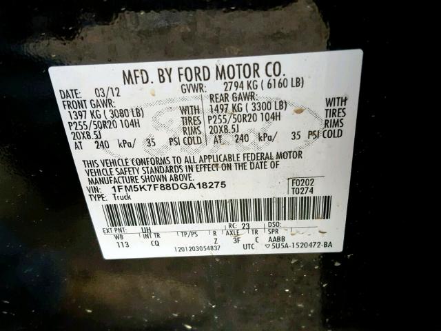 1FM5K7F88DGA18275 - 2013 FORD EXPLORER L BLACK photo 10