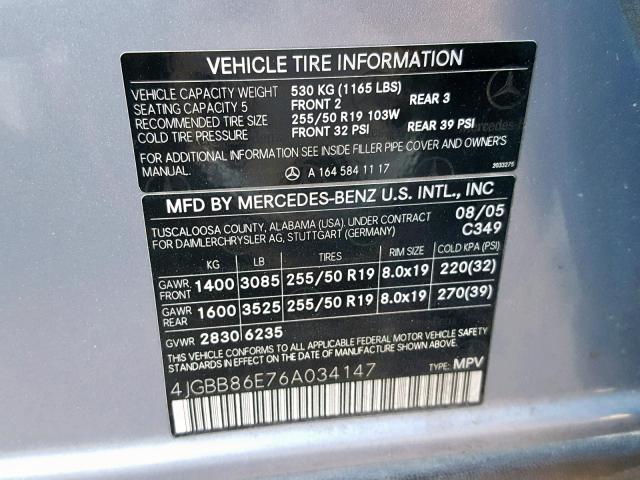 4JGBB86E76A034147 - 2006 MERCEDES-BENZ ML 350 BLUE photo 10