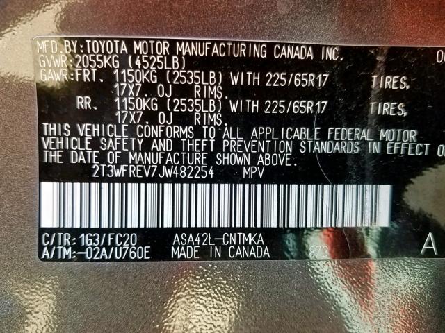 2T3WFREV7JW482254 - 2018 TOYOTA RAV4 ADVEN GRAY photo 10