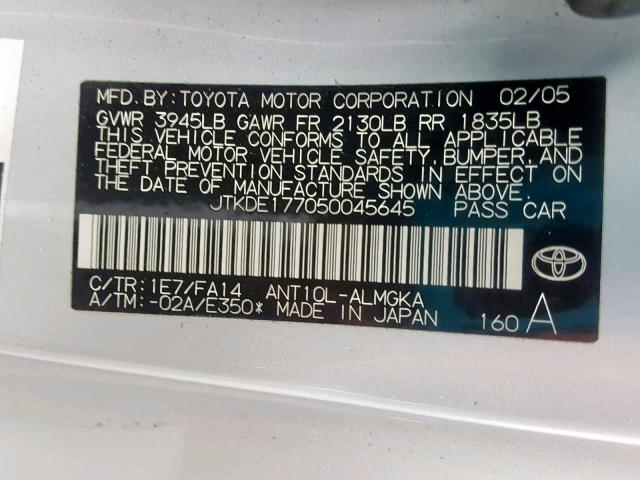 JTKDE177050045645 - 2005 TOYOTA SCION TC ნაცრისფერი ფოტო 10