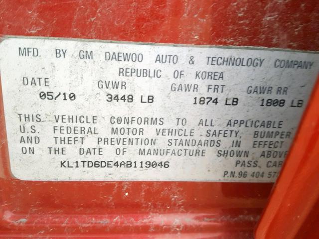 KL1TD6DE4AB119046 - 2010 CHEVROLET AVEO LS RED photo 10