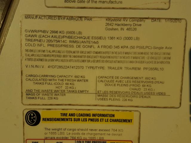 4YDT28522AT412370 - 2011 KEYSTONE PASSPORT WHITE photo 10