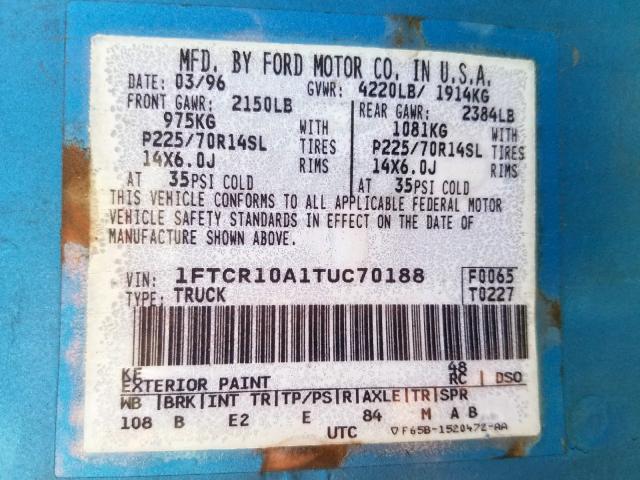 1FTCR10A1TUC70188 - 1996 FORD RANGER BLUE photo 10