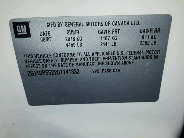 2G2WP552281141833 - 2008 PONTIAC GRAND PRIX WHITE photo 10