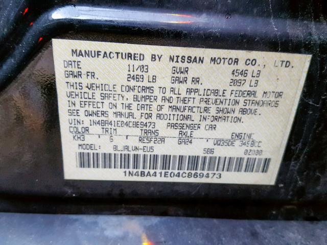 1N4BA41E04C869473 - 2004 NISSAN MAXIMA SE BLACK photo 10