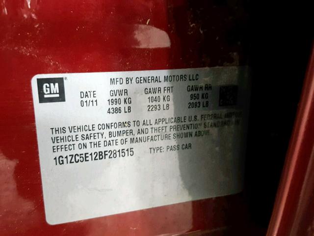 1G1ZC5E12BF281515 - 2011 CHEVROLET MALIBU 1LT 勃艮第红 照片 10