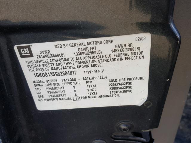 1GKDS13S932304617 - 2003 GMC ENVOY GRAY photo 10