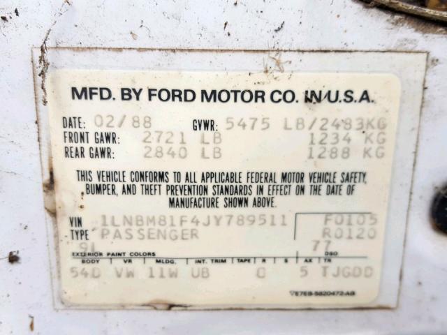 1LNBM81F4JY789511 - 1988 LINCOLN TOWN CAR WHITE photo 10