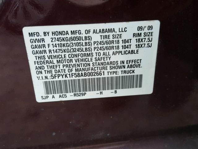 5FPYK1F58AB002661 - 2010 HONDA RIDGELINE BURGUNDY photo 10