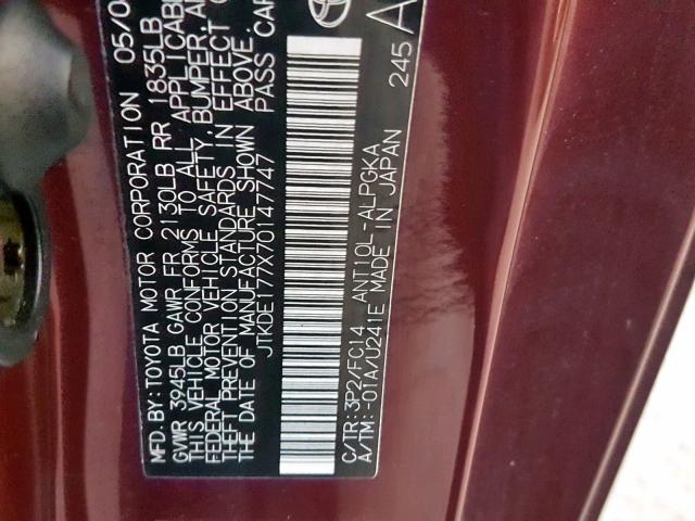 JTKDE177X70147747 - 2007 TOYOTA SCION TC 栗色 照片 10