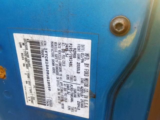 1FTCR10A0RUB18959 - 1994 FORD RANGER BLUE photo 10