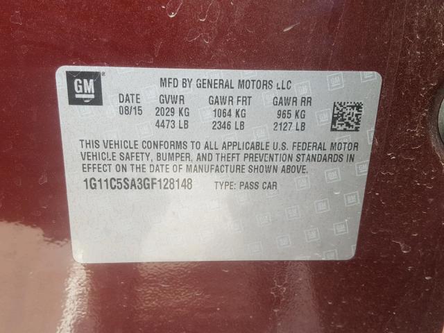 1G11C5SA3GF128148 - 2016 CHEVROLET MALIBU LIM 勃艮第红 照片 10