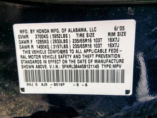 5FNRL38445B121145 - 2005 HONDA ODYSSEY EX BLUE photo 10