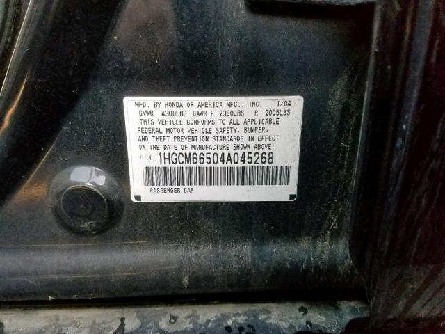 1HGCM66504A045268 - 2004 HONDA ACCORD EX BLACK photo 10