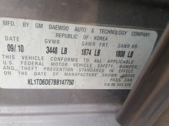 KL1TD6DE7BB147750 - 2011 CHEVROLET AVEO LS GRAY photo 10