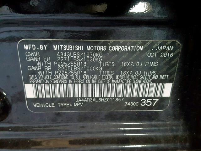 JA4AR3AU6HZ011857 - 2017 MITSUBISHI OUTLANDER BLACK photo 10