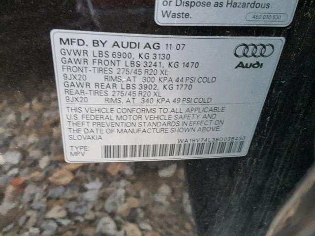 WA1BV74L38D036433 - 2008 AUDI Q7 4.2 QUA GRAY photo 10