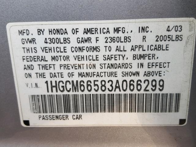 1HGCM66583A066299 - 2003 HONDA ACCORD SILVER photo 10