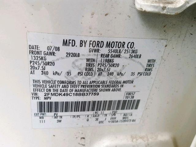 2FMDK49C18BB37759 - 2008 FORD EDGE LIMIT WHITE photo 10