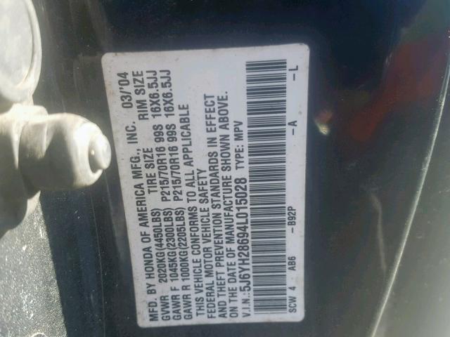 5J6YH28694L015028 - 2004 HONDA ELEMENT EX BLACK photo 10