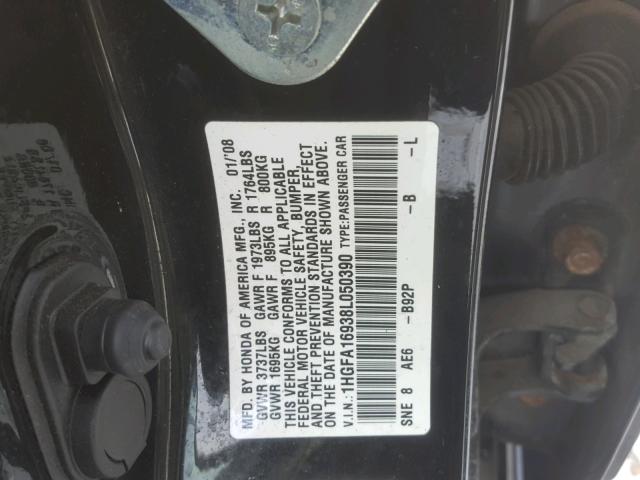 1HGFA16938L050390 - 2008 HONDA CIVIC EXL BLACK photo 10